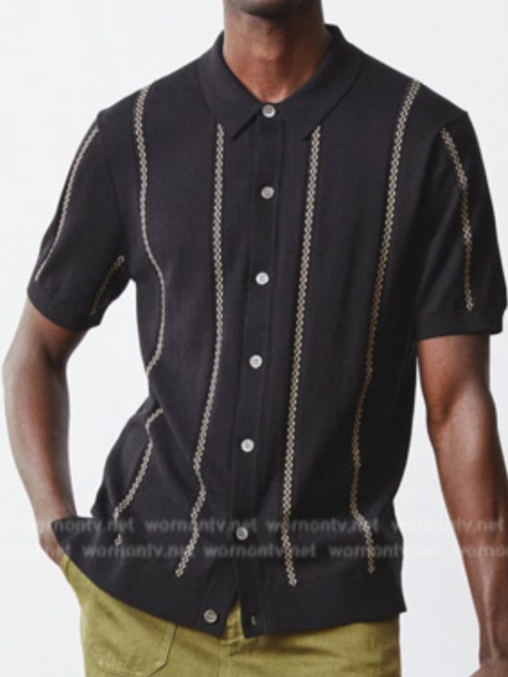 Todd Snyder Black Striped Short Sleeve Silk + Cotton Button Up Polo in Large